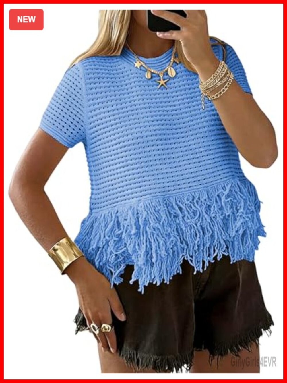Women Short Sleeve Fringe Crochet Boho Sweater Pullover